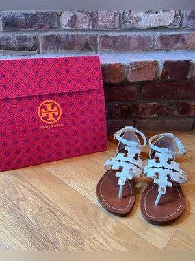 Tory Burch White Leather Miller T-Strap Sandals